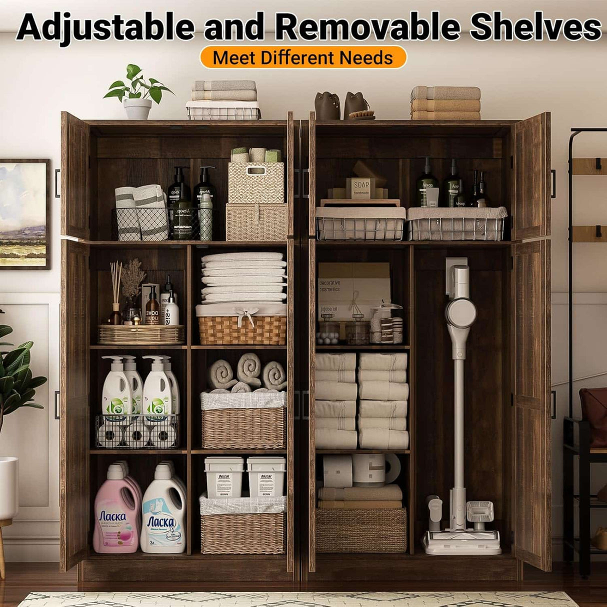 63'' Extra Wide Farmhouse Pantry Cabinet with Adjustable Shelves & Barn Doors, 4-Door Tall Storage Cabinet for Kitchen & Home Organization