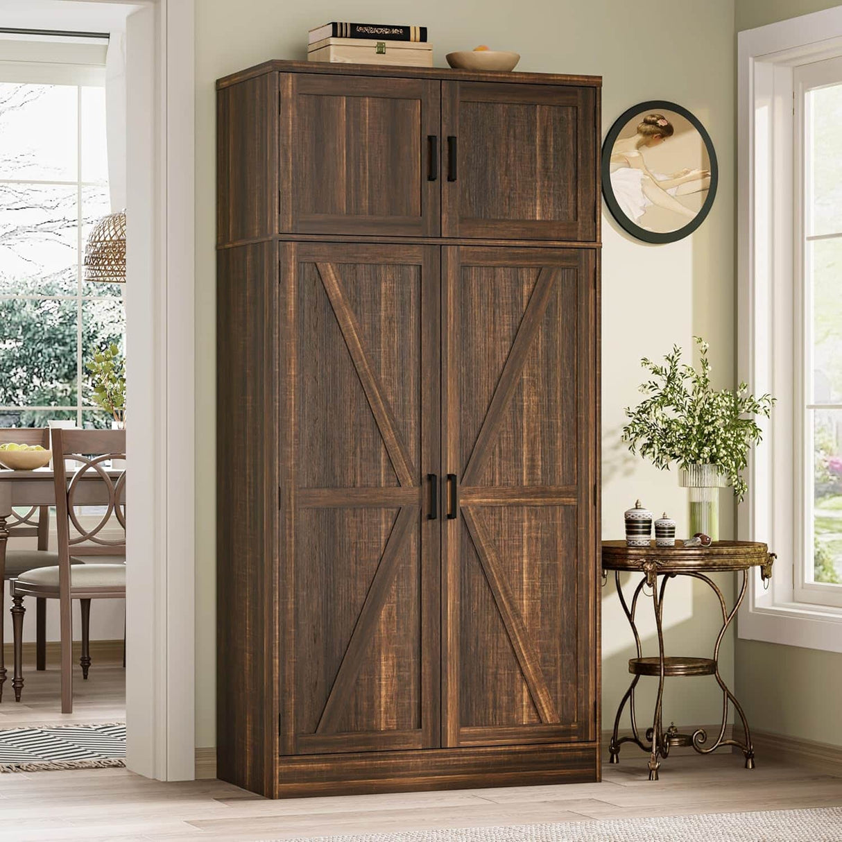 71” Tall Farmhouse Kitchen Pantry Cabinet with Adjustable Shelves and Barn Doors
