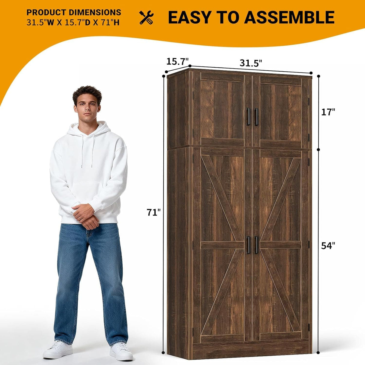 71” Tall Farmhouse Kitchen Pantry Cabinet with Adjustable Shelves and Barn Doors