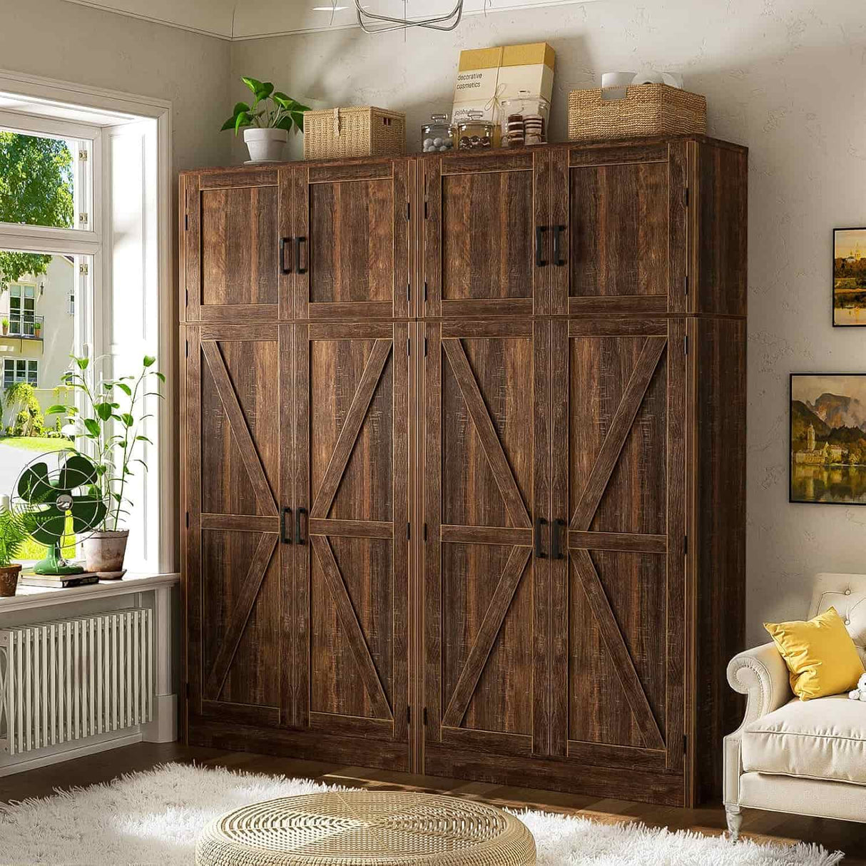 71” Tall Farmhouse Kitchen Pantry Cabinet with Adjustable Shelves and Barn Doors