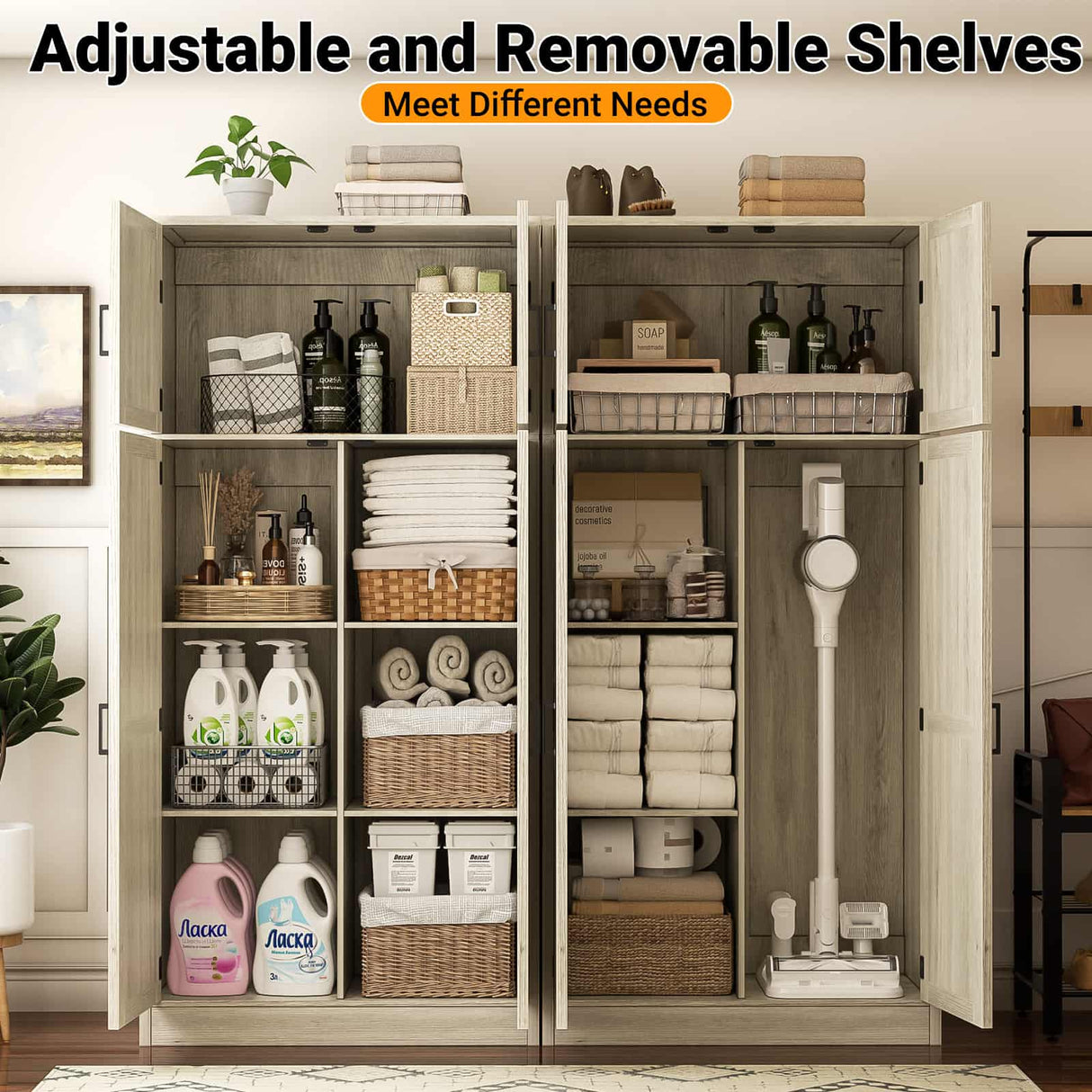 71” Farmhouse Kitchen Pantry Cabinet, Large Storage Cabinet with Adjustable Shelves and Barn Doors