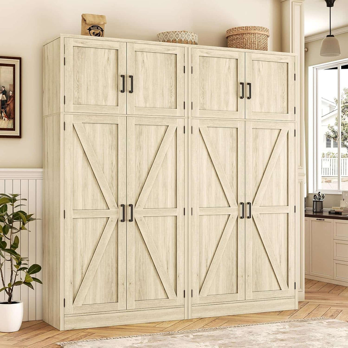 63'' Extra Wide Farmhouse Pantry Cabinet with Adjustable Shelves & Barn Doors, 4-Door Tall Storage Cabinet for Kitchen & Home Organization