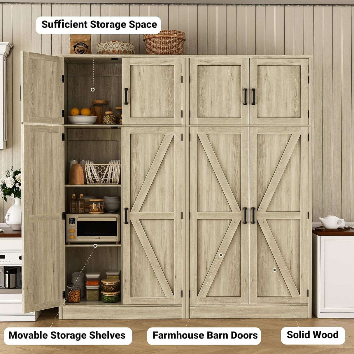 63'' Extra Wide Farmhouse Pantry Cabinet with Adjustable Shelves & Barn Doors, 4-Door Tall Storage Cabinet for Kitchen & Home Organization