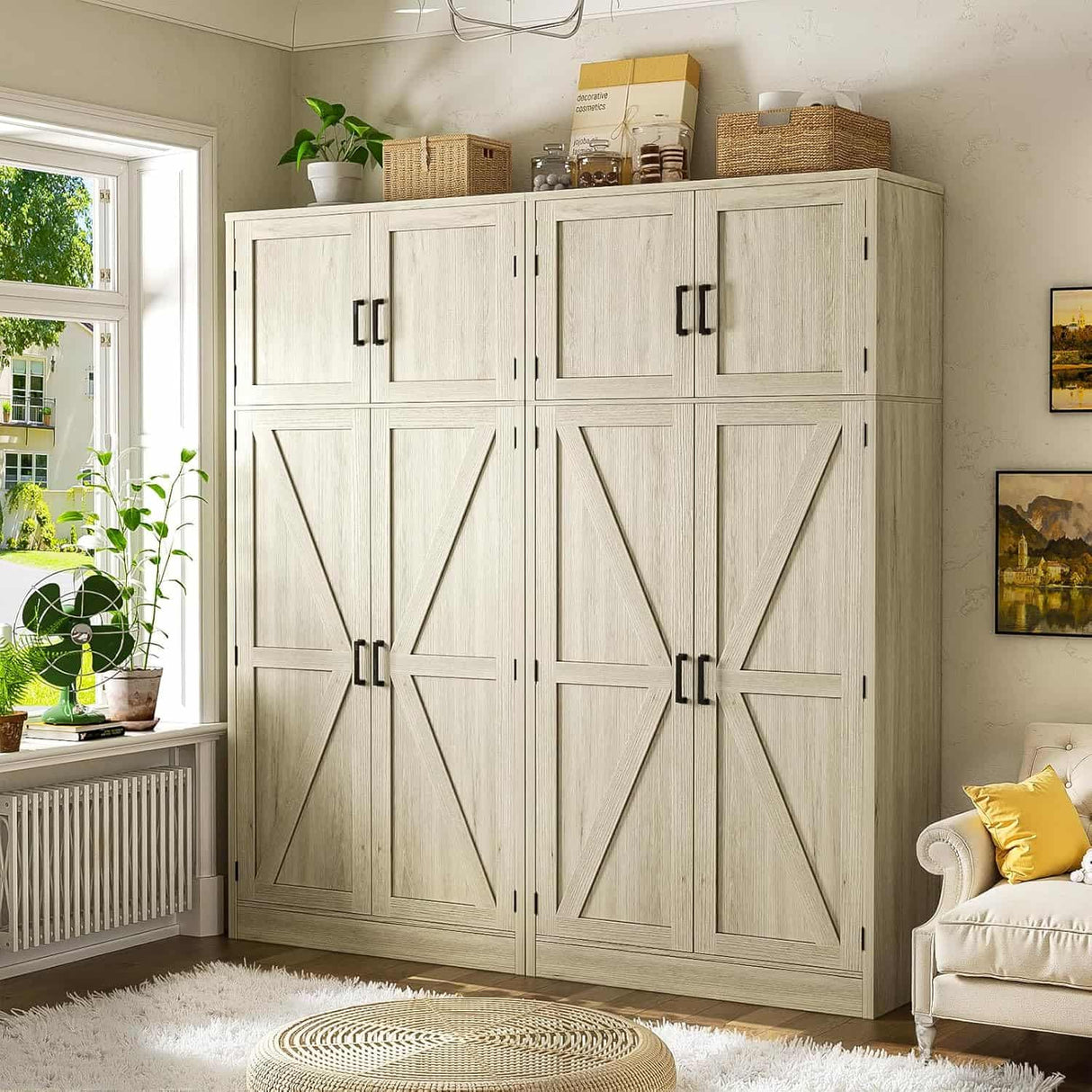 63'' Extra Wide Farmhouse Pantry Cabinet with Adjustable Shelves & Barn Doors, 4-Door Tall Storage Cabinet for Kitchen & Home Organization