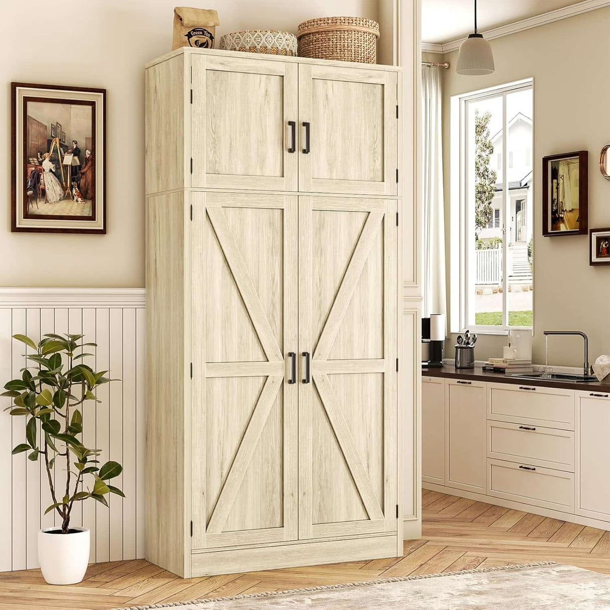71” Tall Farmhouse Kitchen Pantry Cabinet with Adjustable Shelves and Barn Doors