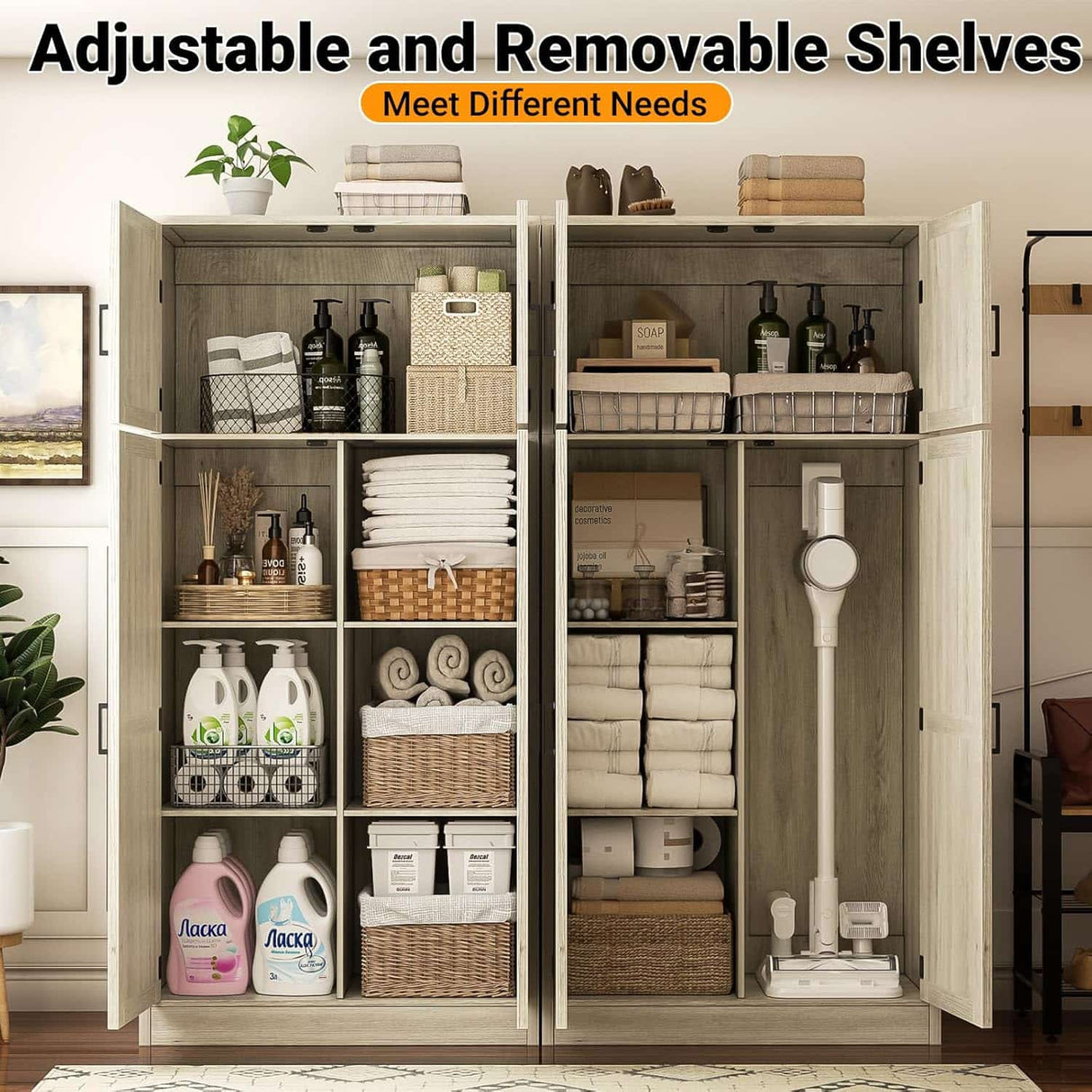 71” Tall Farmhouse Kitchen Pantry Cabinet with Adjustable Shelves and Barn Doors