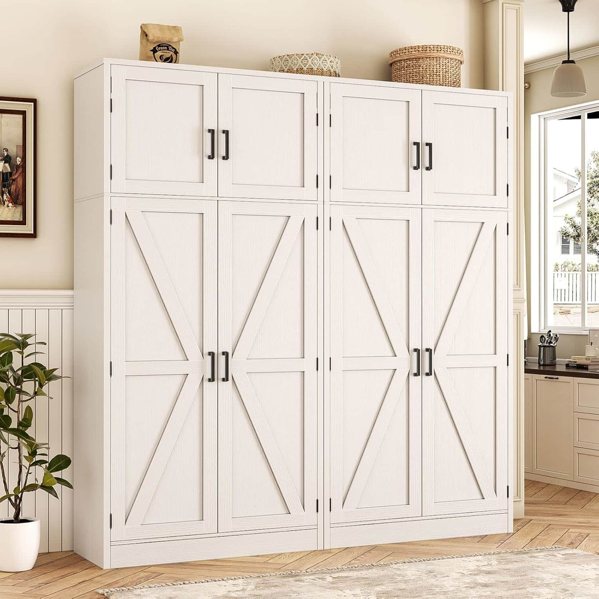 63'' Extra Wide Farmhouse Pantry Cabinet with Adjustable Shelves & Barn Doors, 4-Door Tall Storage Cabinet for Kitchen & Home Organization