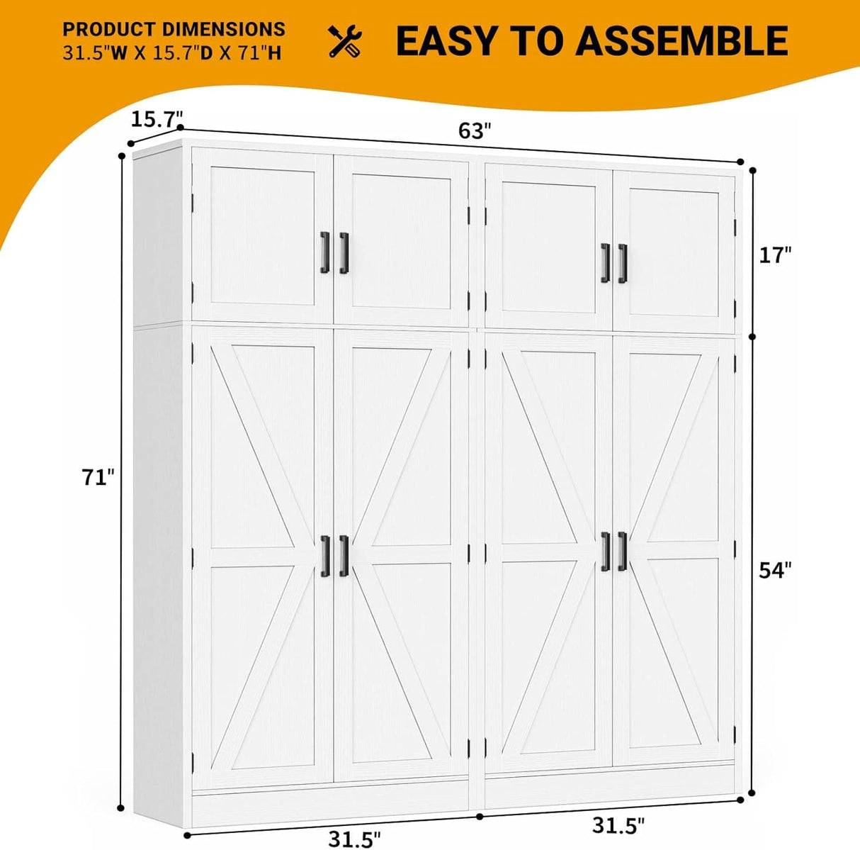 63'' Extra Wide Farmhouse Pantry Cabinet with Adjustable Shelves & Barn Doors, 4-Door Tall Storage Cabinet for Kitchen & Home Organization