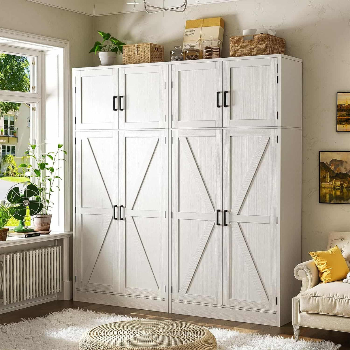 63'' Extra Wide Farmhouse Pantry Cabinet with Adjustable Shelves & Barn Doors, 4-Door Tall Storage Cabinet for Kitchen & Home Organization