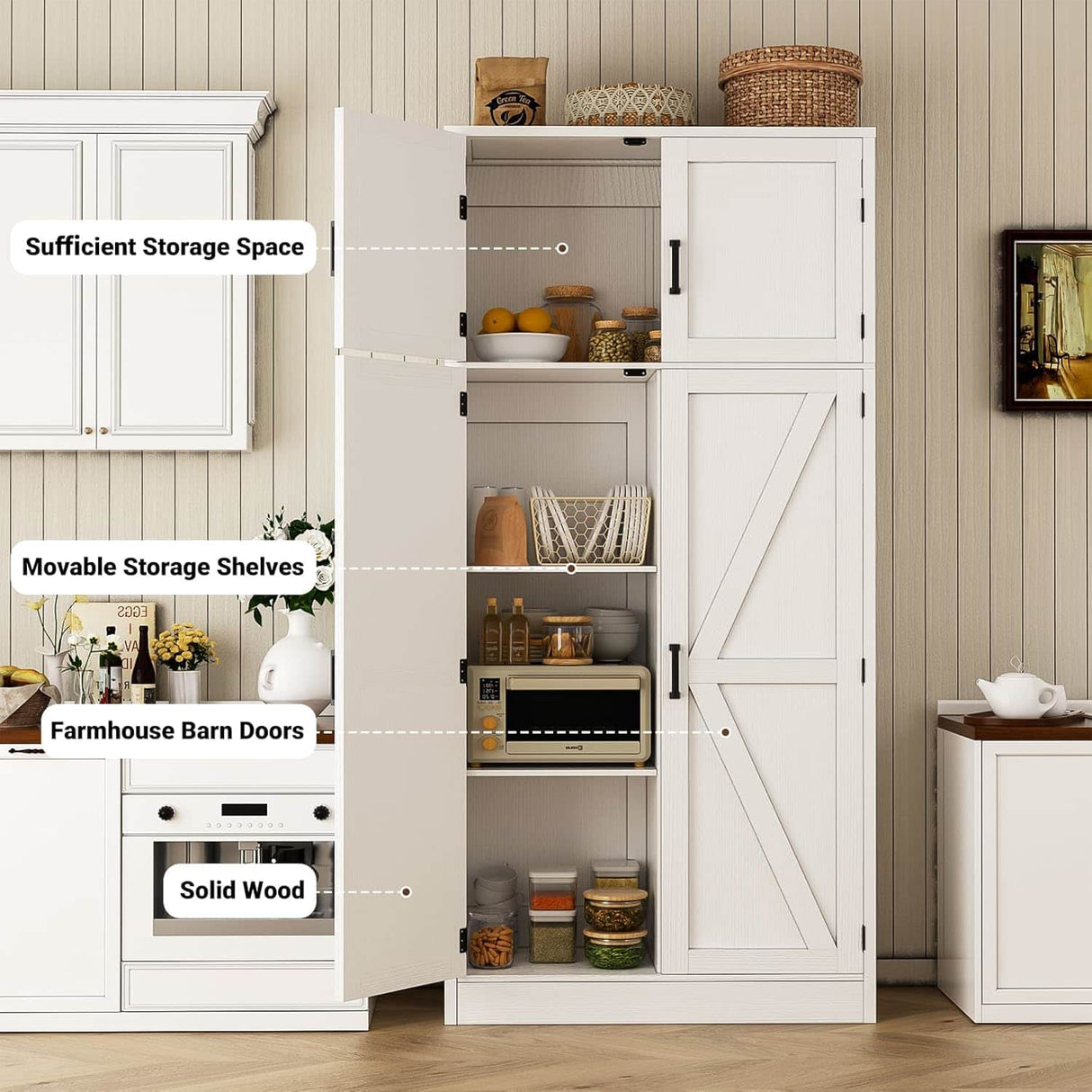 63'' Extra Wide Farmhouse Pantry Cabinet with Adjustable Shelves & Barn Doors, 4-Door Tall Storage Cabinet for Kitchen & Home Organization