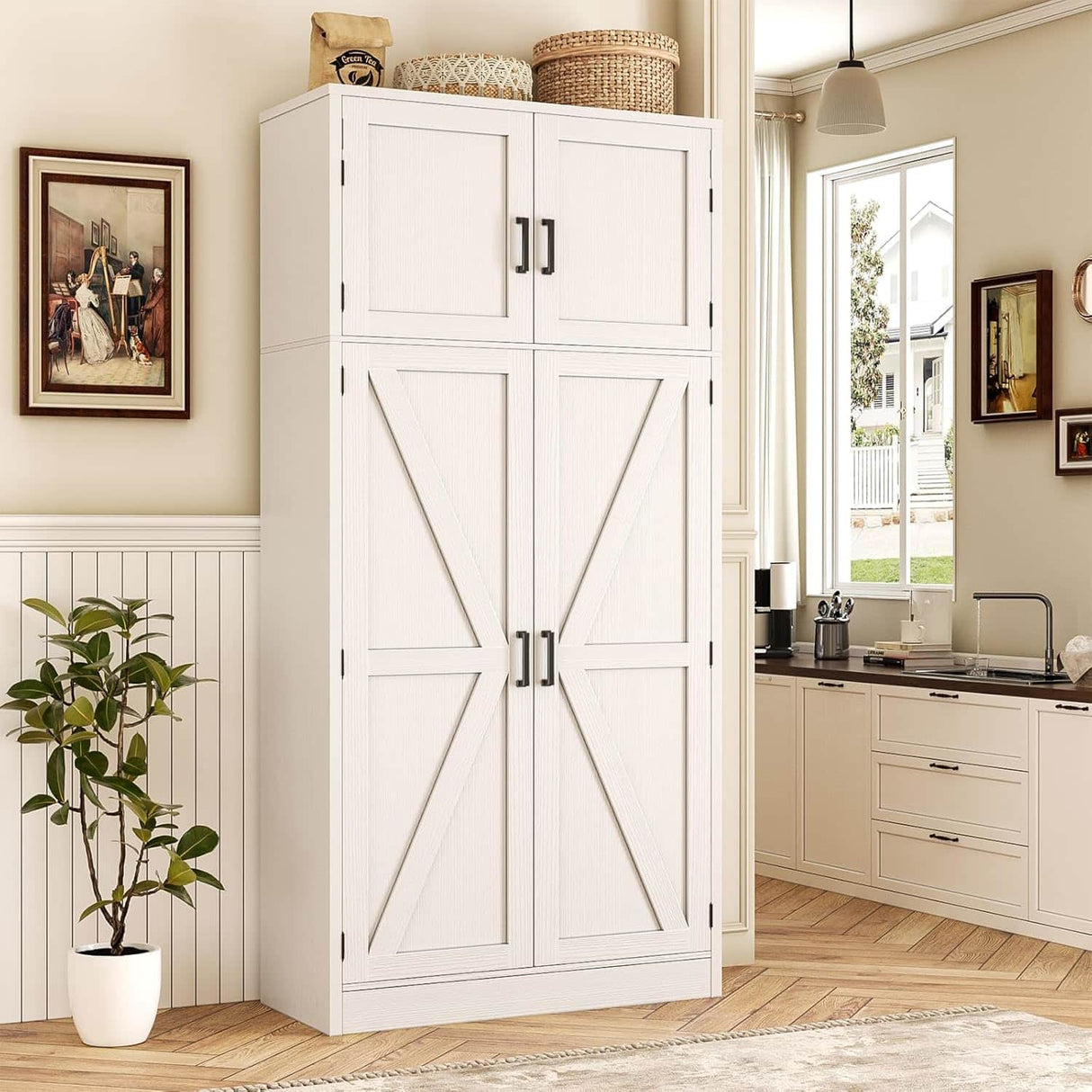 71” Tall Farmhouse Kitchen Pantry Cabinet with Adjustable Shelves and Barn Doors
