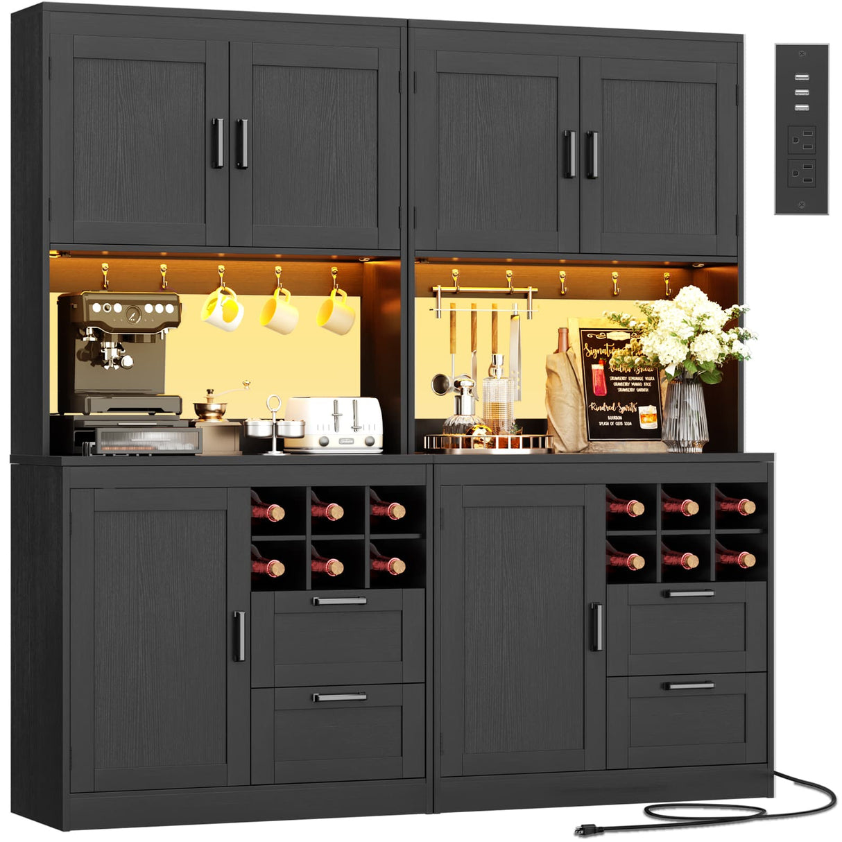 72" Tall Pantry Cabinet with LED Light & Outlet, 63" Wide Kitchen Hutch, 2 Packs