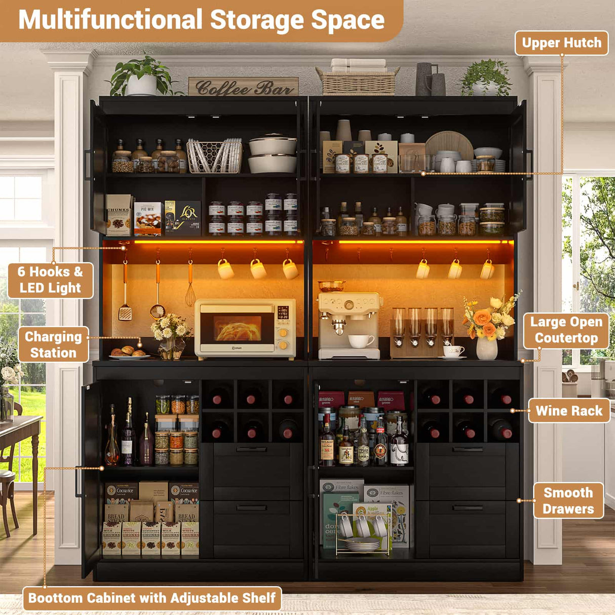 72" Tall Pantry Cabinet with LED Light & Outlet, 63" Wide Kitchen Hutch, 2 Packs