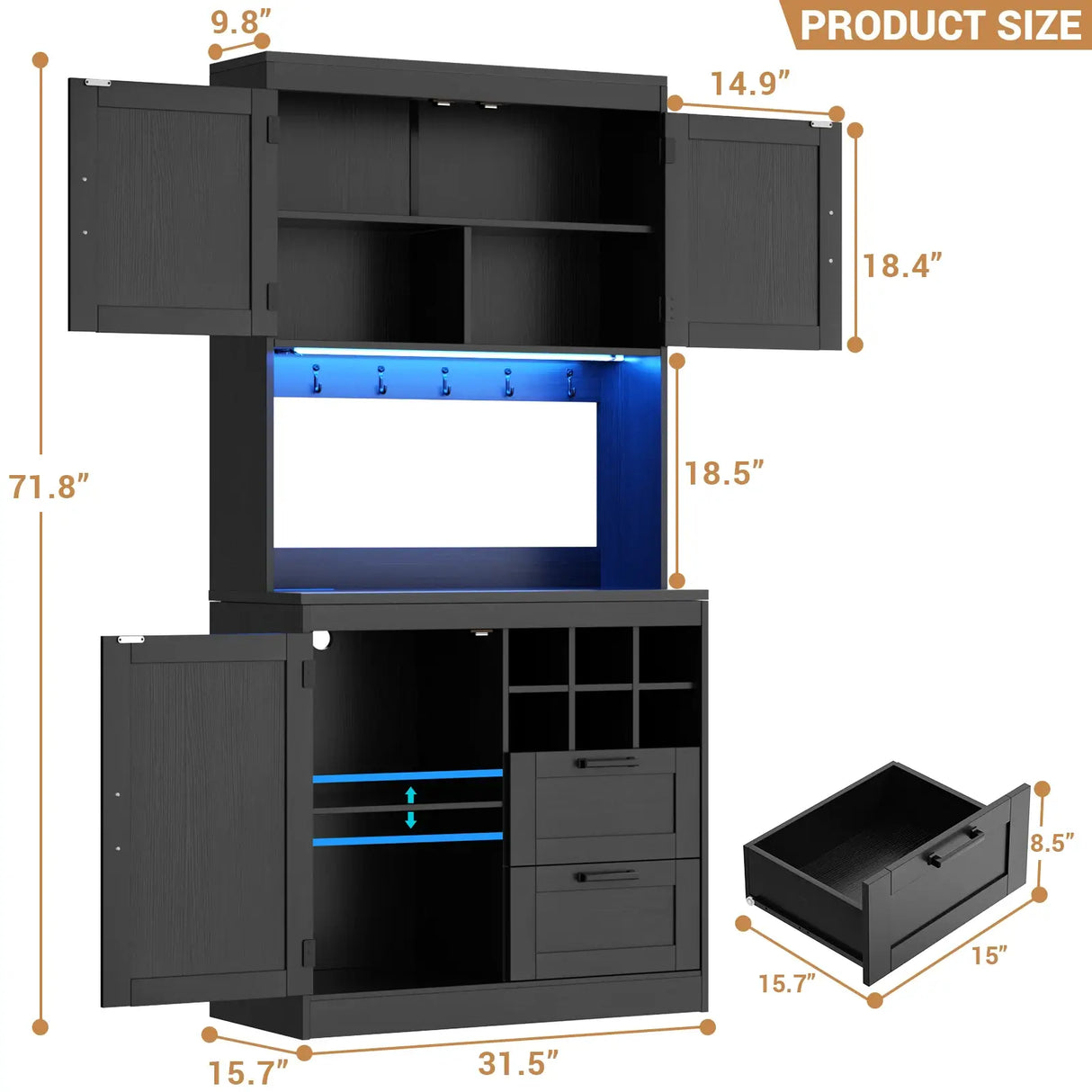 72'' Tall Modern Pantry Cabinet with 2 Drawers and Grid Storage