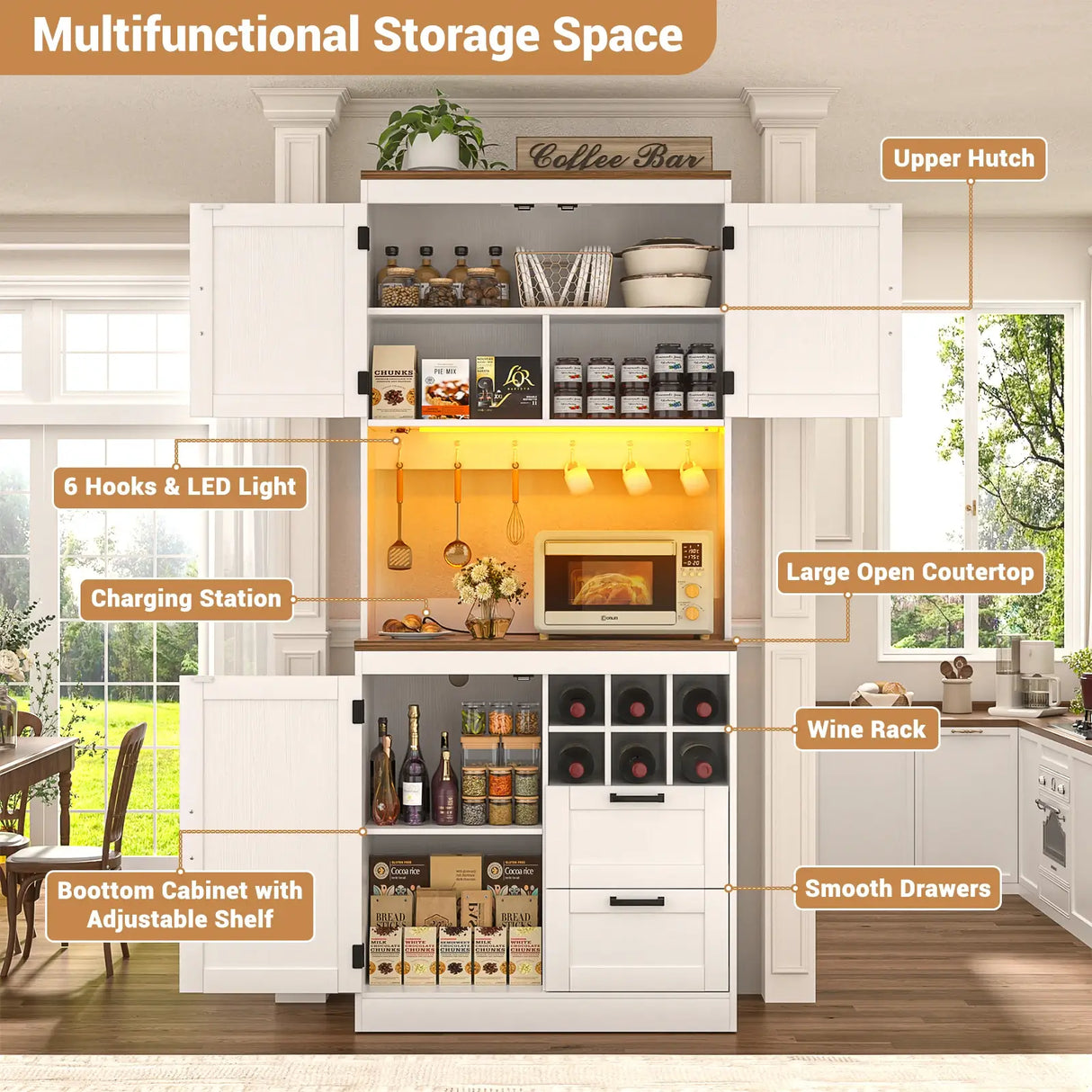 72'' Tall Modern Pantry Cabinet with 2 Drawers and Grid Storage