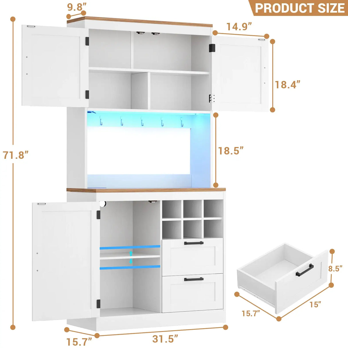 72'' Tall Modern Pantry Cabinet with 2 Drawers and Grid Storage
