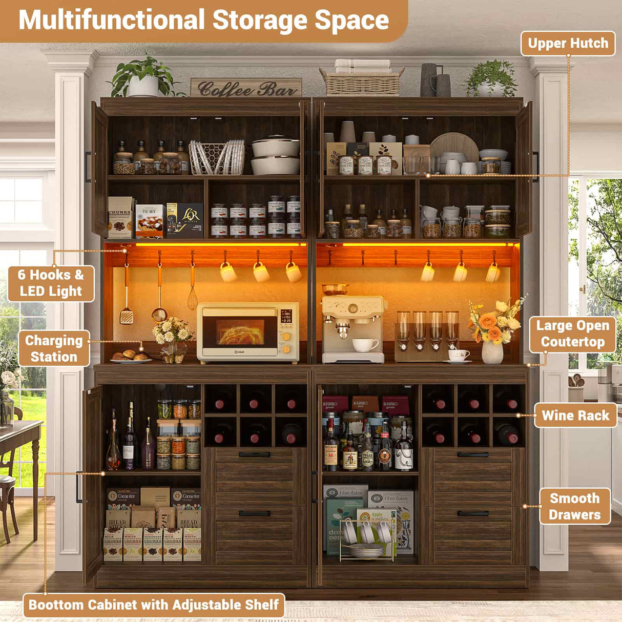 72" Tall Pantry Cabinet with LED Light & Outlet, 63" Wide Kitchen Hutch, 2 Packs