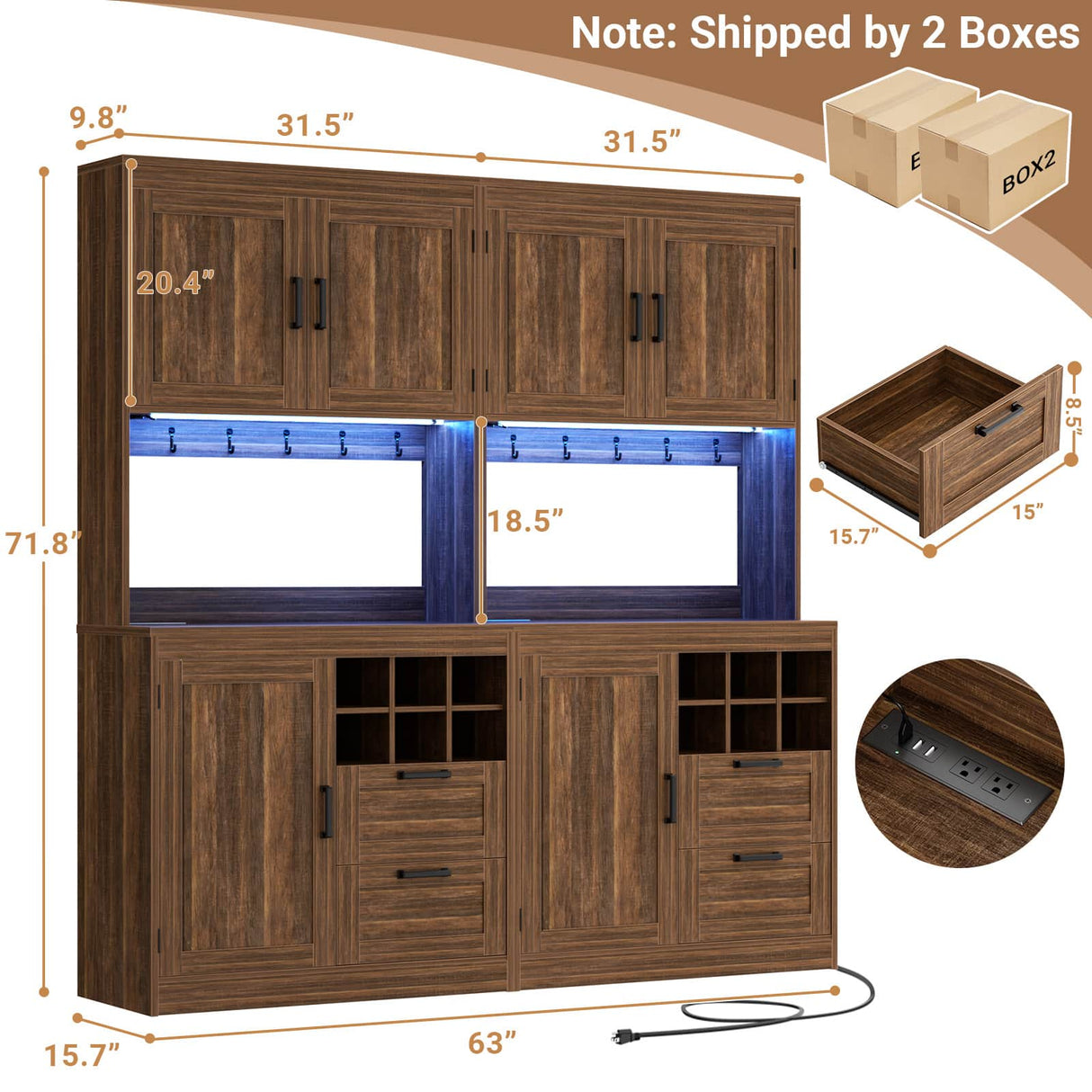 72" Tall Pantry Cabinet with LED Light & Outlet, 63" Wide Kitchen Hutch, 2 Packs