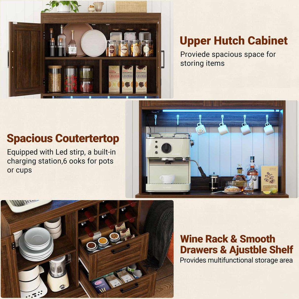 72" Tall Pantry Cabinet with LED Light & Outlet, 63" Wide Kitchen Hutch, 2 Packs