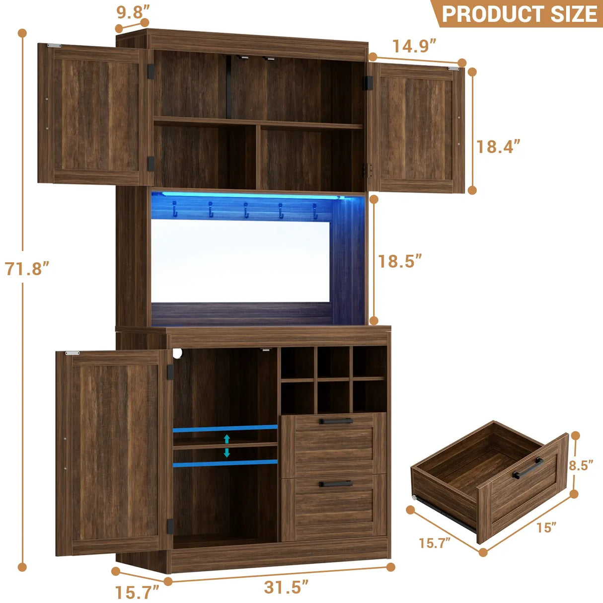 72'' Tall Modern Pantry Cabinet with 2 Drawers and Grid Storage