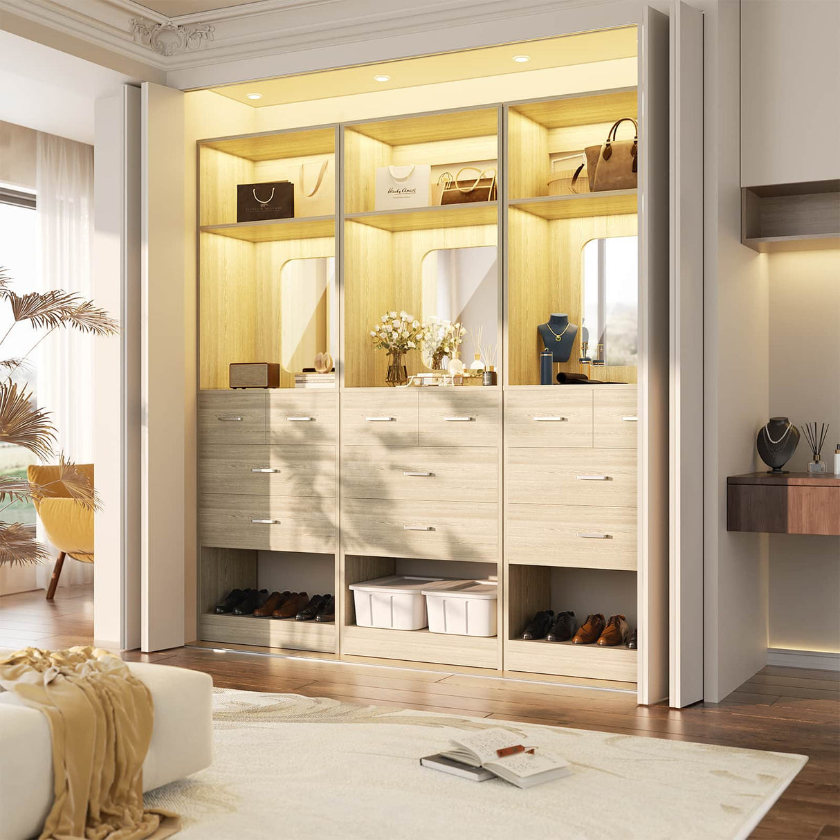 50 Inch Closet System with Drawers, 4FT Wood Closets Organizer with Mirror Design