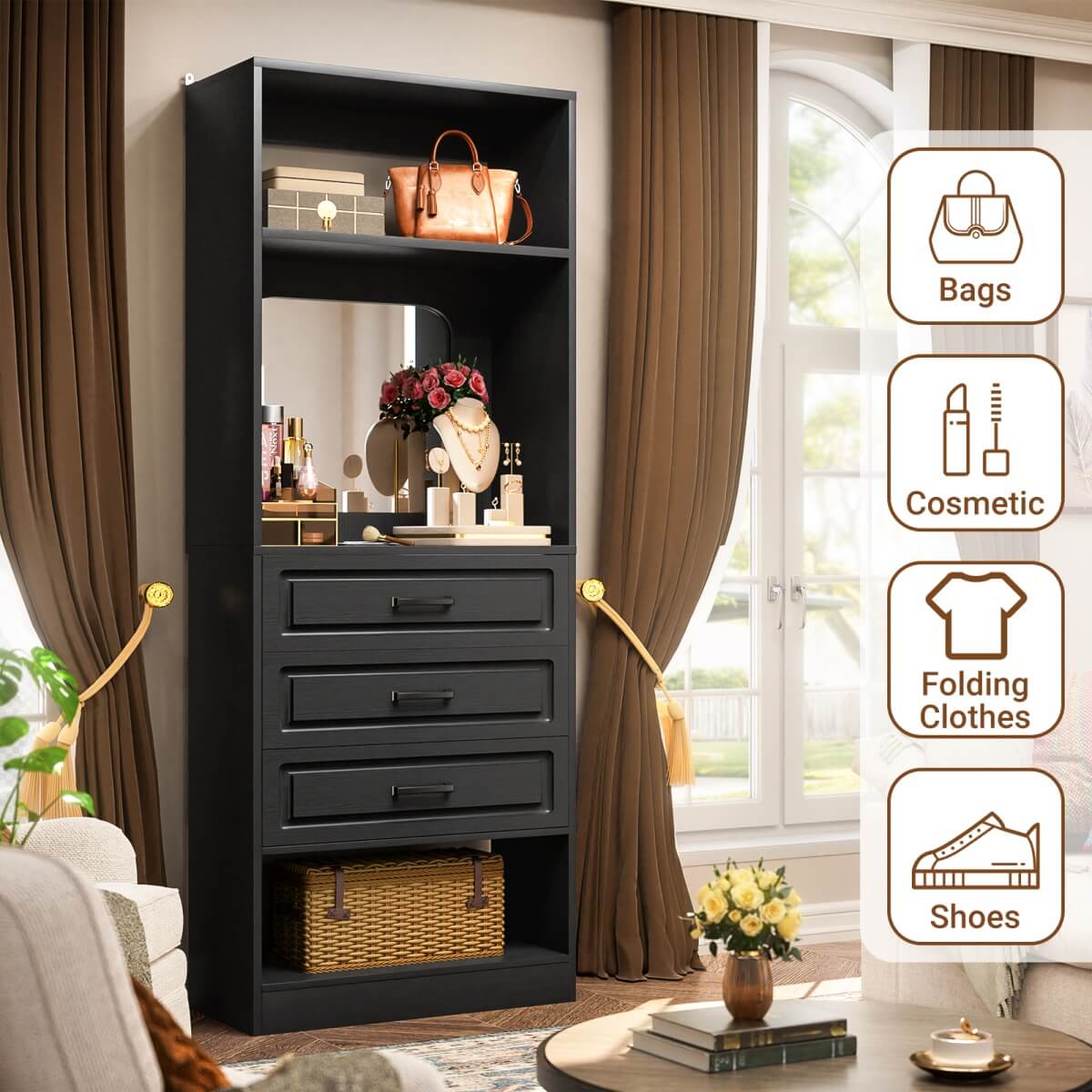 25'' Freestanding Walk-in Closet System with 3 Wooden Drawers & Mirror