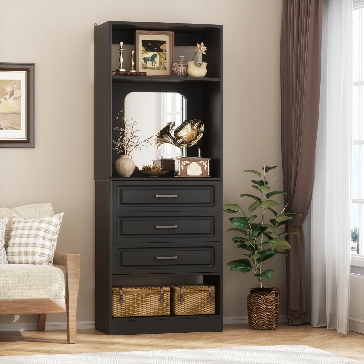 25'' Freestanding Walk-in Closet System with 3 Wooden Drawers & Mirror