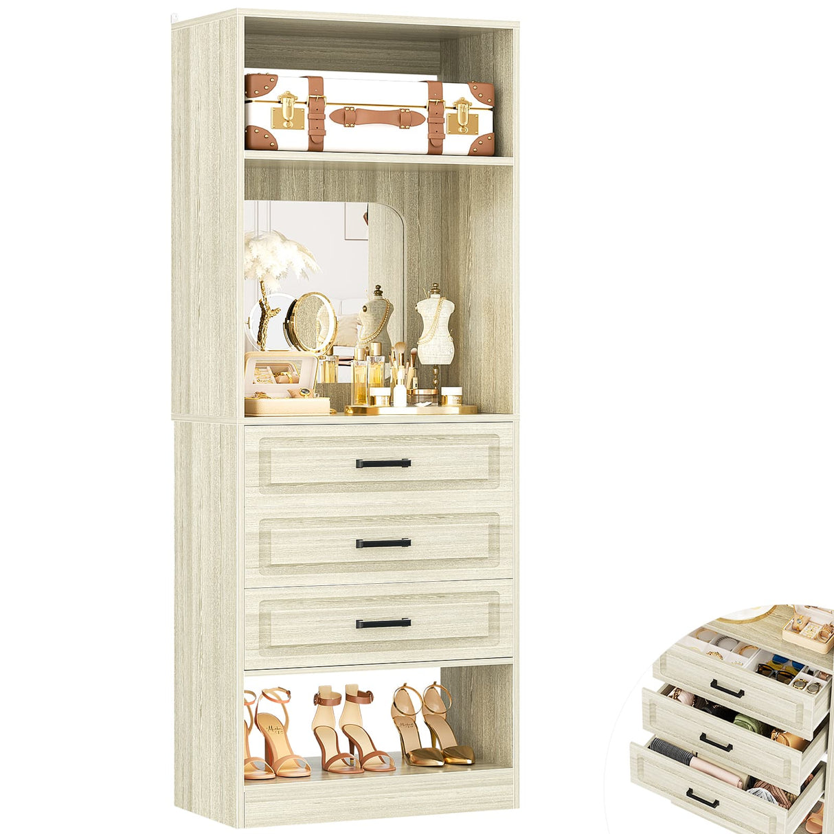 25'' Freestanding Walk-in Closet System with 3 Wooden Drawers & Mirror