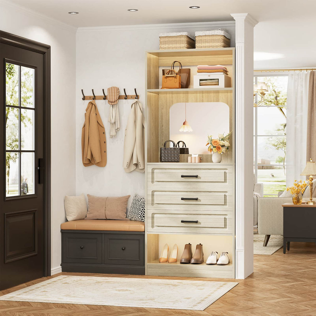 25'' Freestanding Walk-in Closet System with 3 Wooden Drawers & Mirror