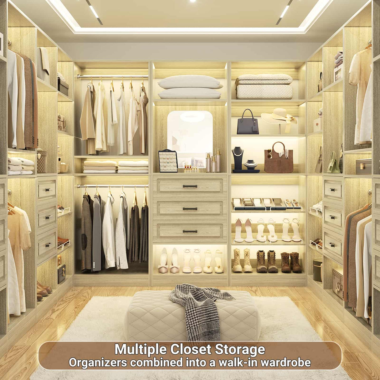 25'' Freestanding Walk-in Closet System with 3 Wooden Drawers & Mirror