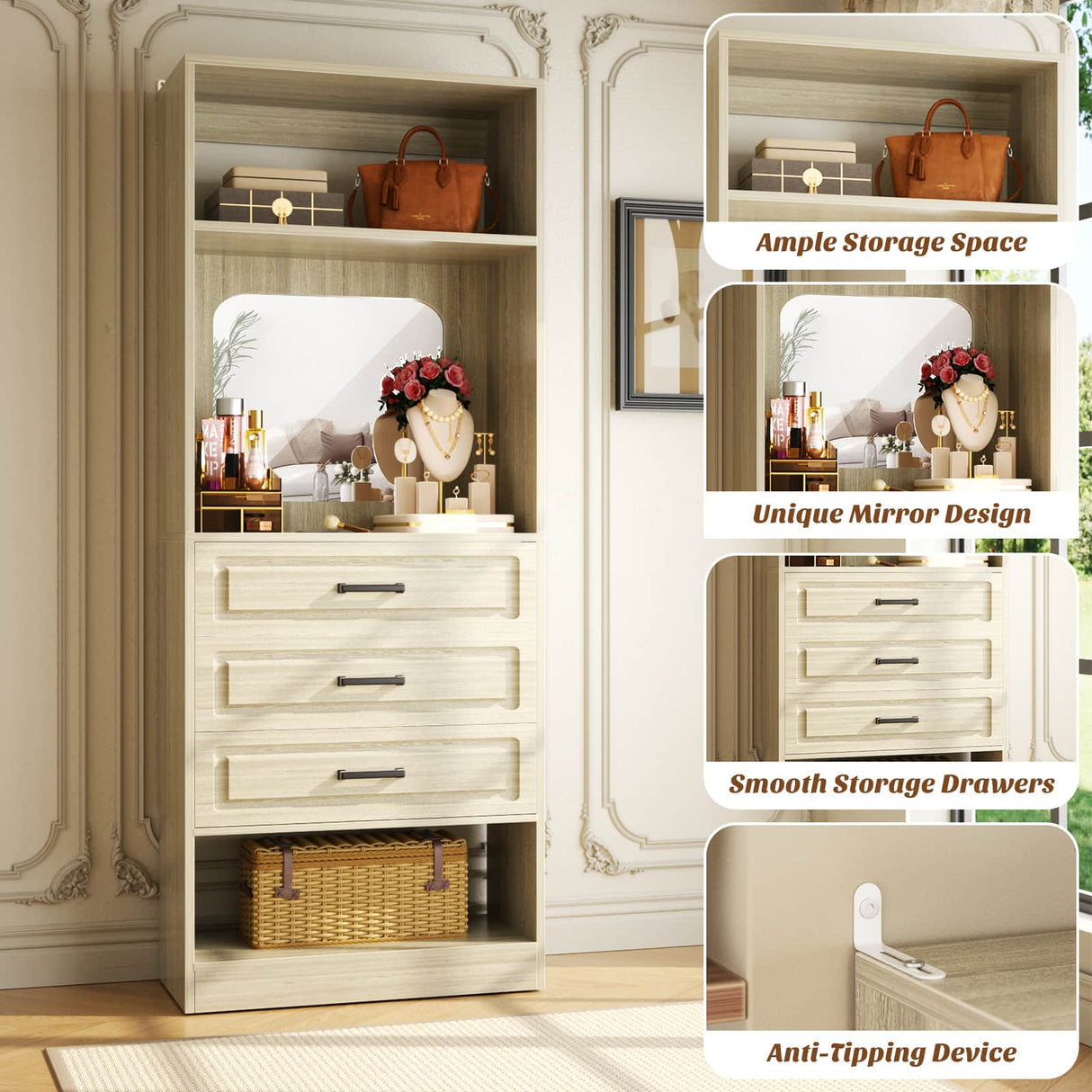 25'' Freestanding Walk-in Closet System with 3 Wooden Drawers & Mirror