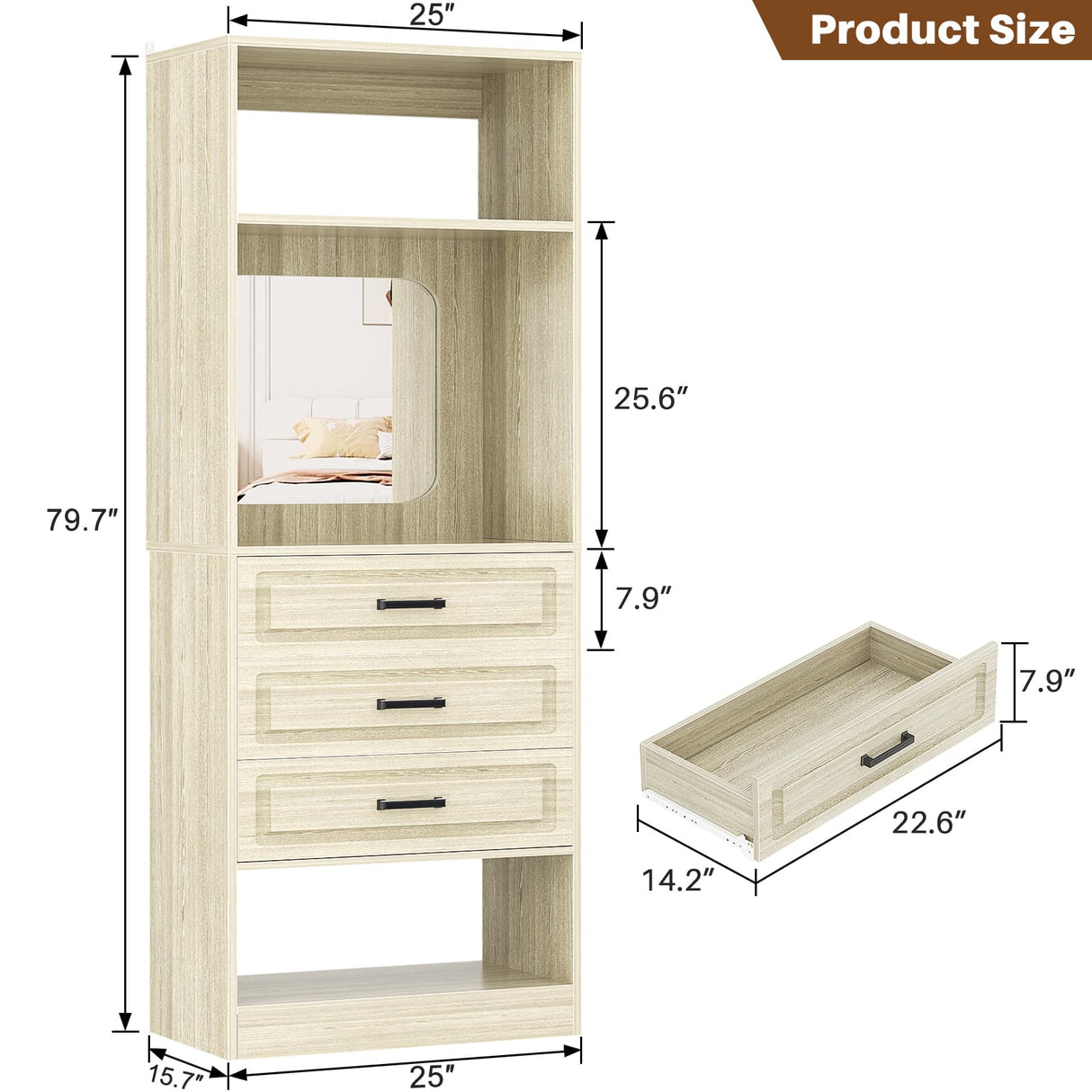 25'' Freestanding Walk-in Closet System with 3 Wooden Drawers & Mirror