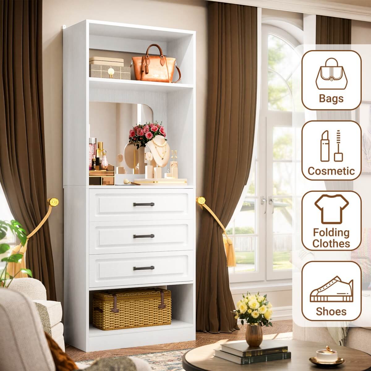 25'' Freestanding Walk-in Closet System with 3 Wooden Drawers & Mirror