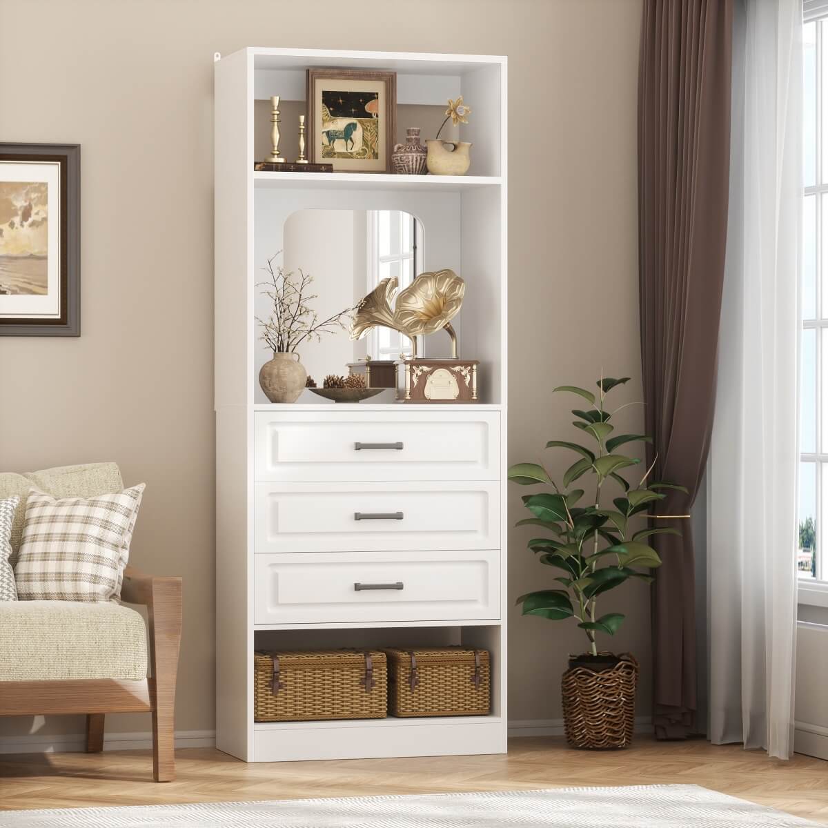 25'' Freestanding Walk-in Closet System with 3 Wooden Drawers & Mirror