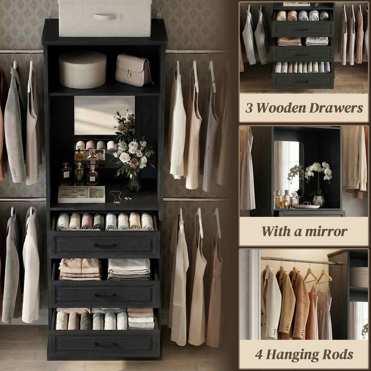 8FT Closet System with Drawers, Mirror & Adjustable Hanging Rods, Heavy Duty Walk-in Closet Organizer for Bedroom Storage