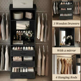 8FT Closet System with Drawers, Mirror & Adjustable Hanging Rods, Heavy Duty Walk-in Closet Organizer for Bedroom Storage