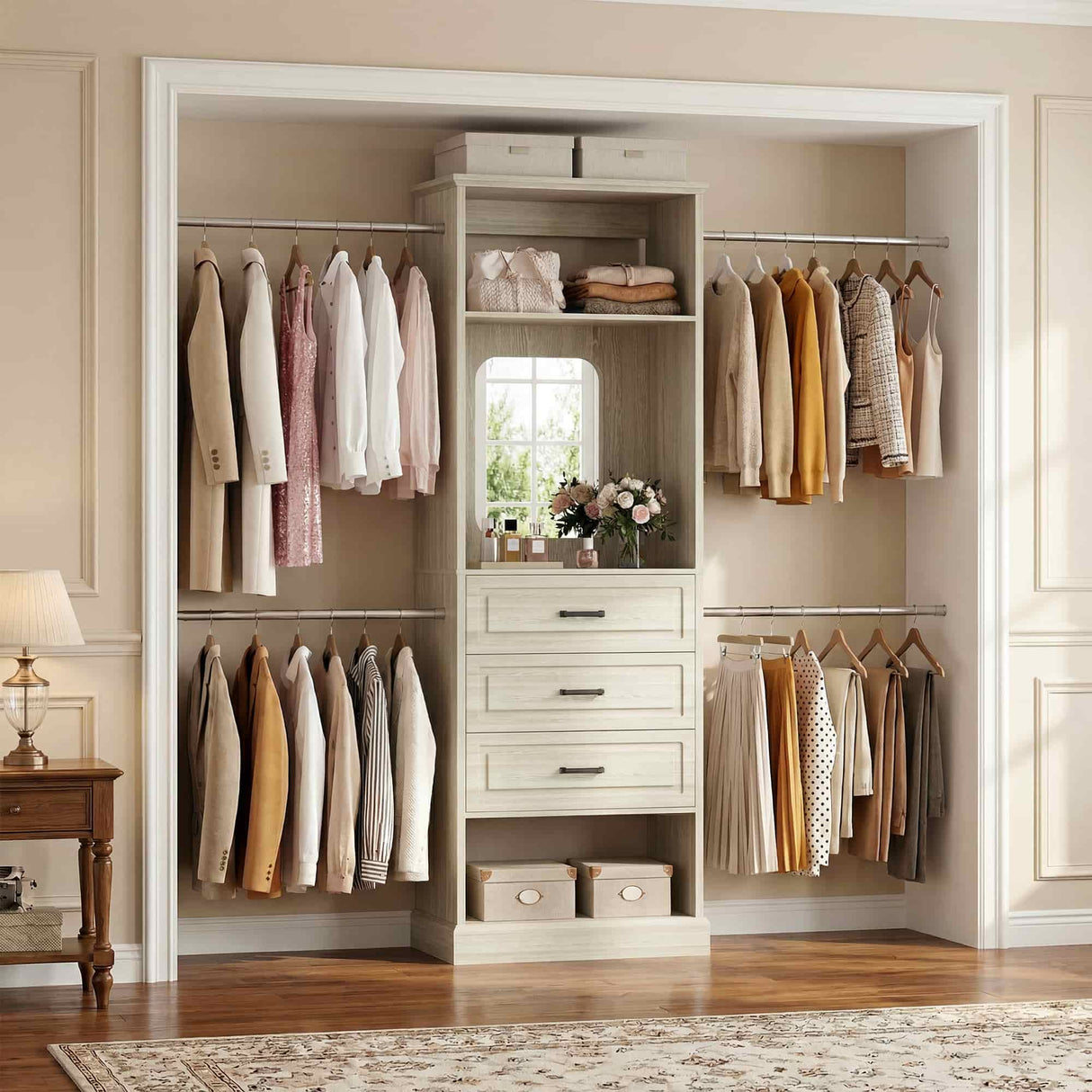 8FT Closet System with Drawers, Mirror & Adjustable Hanging Rods, Heavy Duty Walk-in Closet Organizer for Bedroom Storage