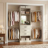 8FT Closet System with Drawers, Mirror & Adjustable Hanging Rods, Heavy Duty Walk-in Closet Organizer for Bedroom Storage