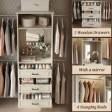 8FT Closet System with Drawers, Mirror & Adjustable Hanging Rods, Heavy Duty Walk-in Closet Organizer for Bedroom Storage