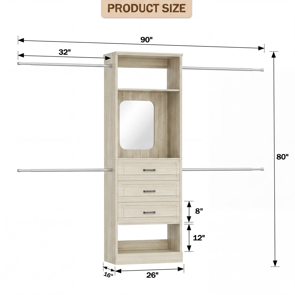 8FT Closet System with Drawers, Mirror & Adjustable Hanging Rods, Heavy Duty Walk-in Closet Organizer for Bedroom Storage