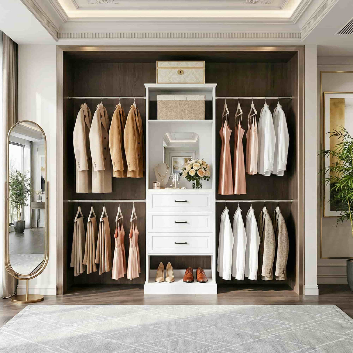 8FT Closet System with Drawers, Mirror & Adjustable Hanging Rods, Heavy Duty Walk-in Closet Organizer for Bedroom Storage