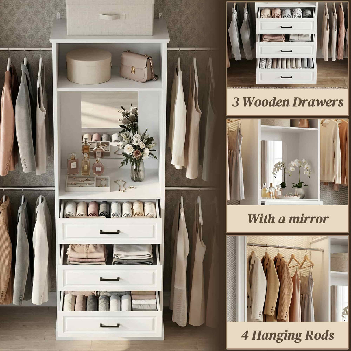 8FT Closet System with Drawers, Mirror & Adjustable Hanging Rods, Heavy Duty Walk-in Closet Organizer for Bedroom Storage