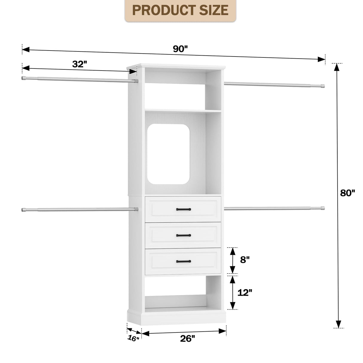 8FT Closet System with Drawers, Mirror & Adjustable Hanging Rods, Heavy Duty Walk-in Closet Organizer for Bedroom Storage