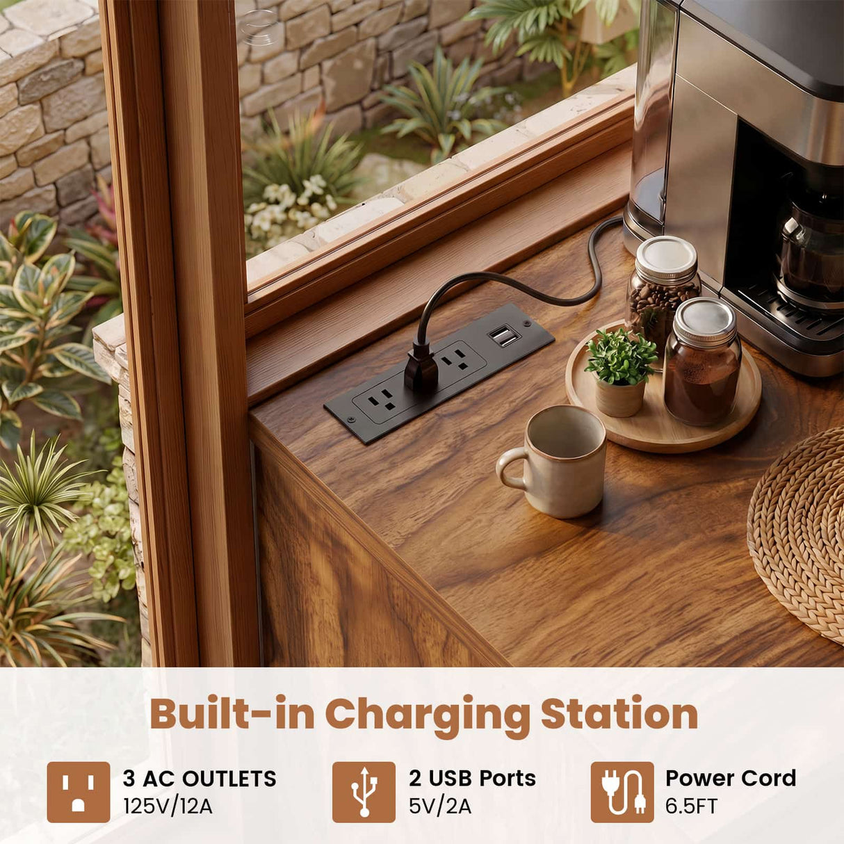 Small Coffee Bar Cabinet with Mini Fridge Space, Wine Bar with Charging Station & Drawer( Refrigerator not included )