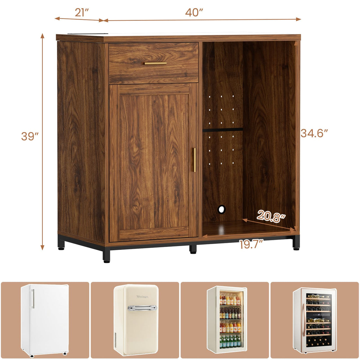 Small Coffee Bar Cabinet with Mini Fridge Space, Wine Bar with Charging Station & Drawer( Refrigerator not included )