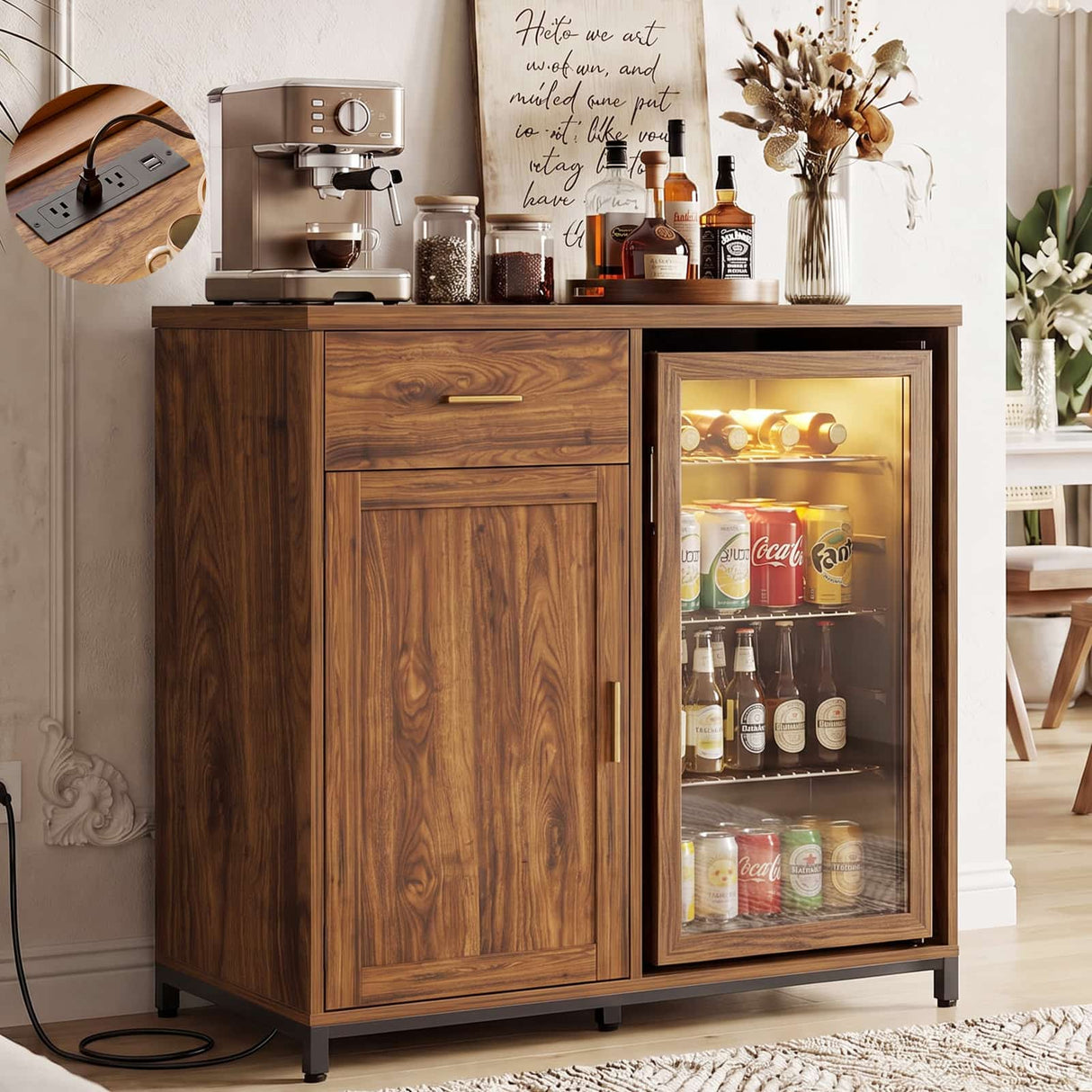 Small Coffee Bar Cabinet with Mini Fridge Space, Wine Bar with Charging Station & Drawer( Refrigerator not included )