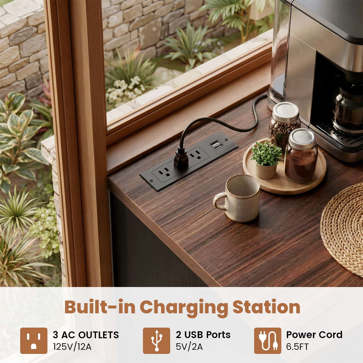 Small Coffee Bar Cabinet with Mini Fridge Space, Wine Bar with Charging Station & Drawer( Refrigerator not included )