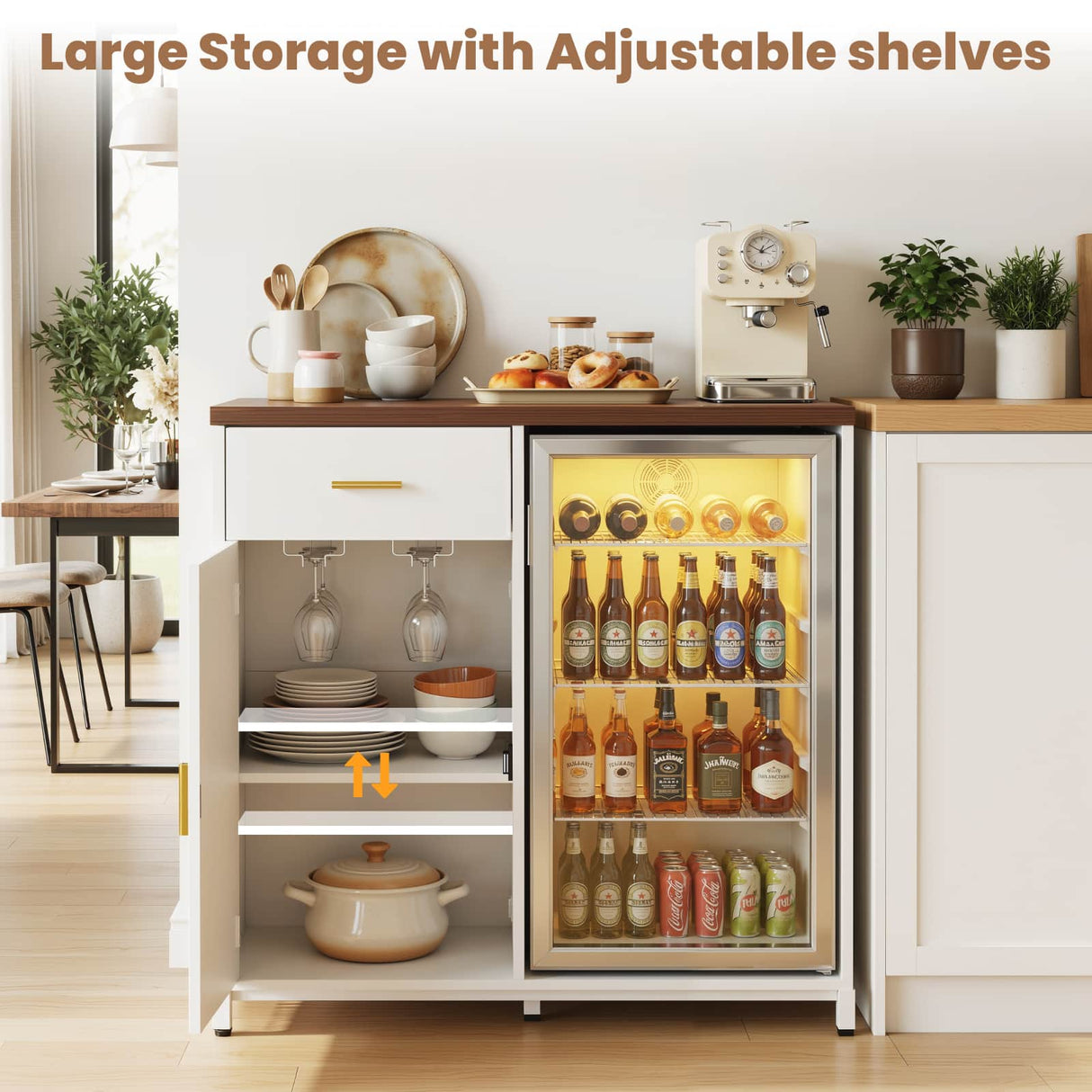 Small Coffee Bar Cabinet with Mini Fridge Space, Wine Bar with Charging Station & Drawer( Refrigerator not included )