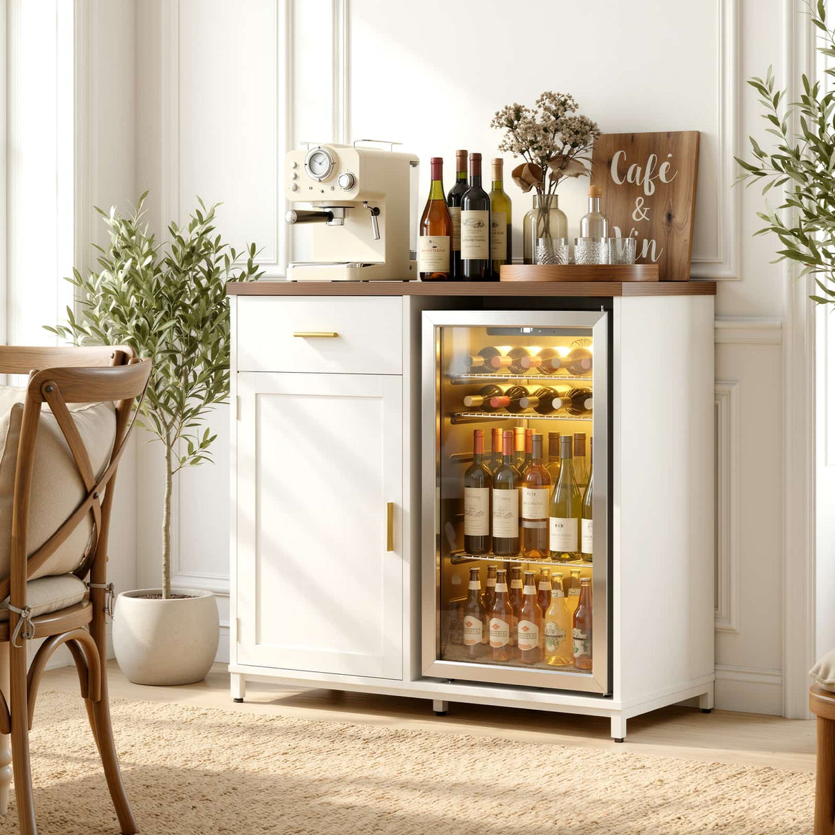 Small Coffee Bar Cabinet with Mini Fridge Space, Wine Bar with Charging Station & Drawer( Refrigerator not included )