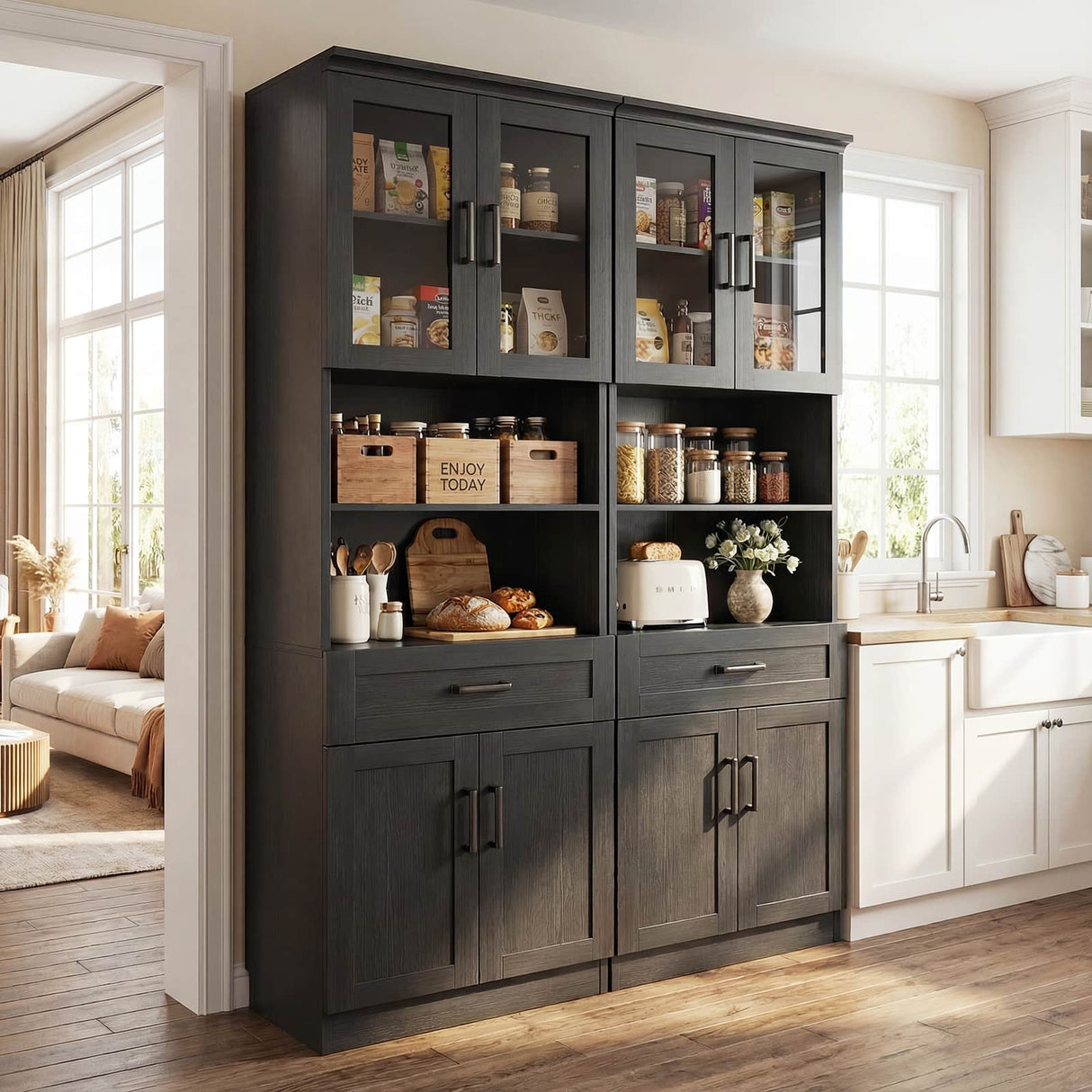 79.7" Tall Kitchen Pantry Storage Cabinet with Glass Door, Adjustable Shelves & Drawer, 2 Packs